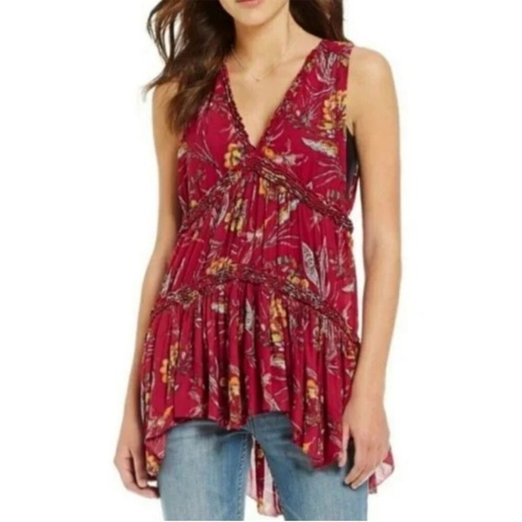 FREE PEOPLE Red Floral Hummingbird Print Ruffle Tiered Tunic Tank S - Picture 2 of 10